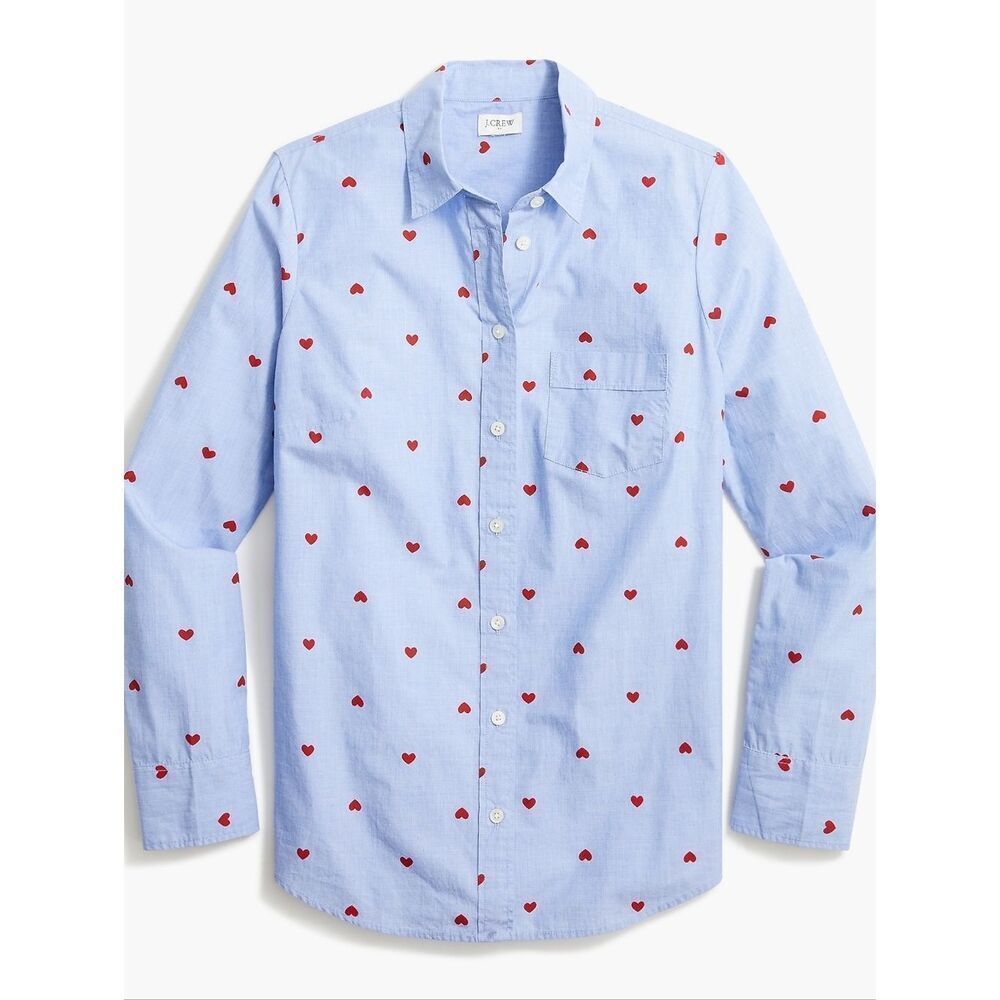 J. Crew Blue Heart Print Cotton Button Down Shirt Size Small